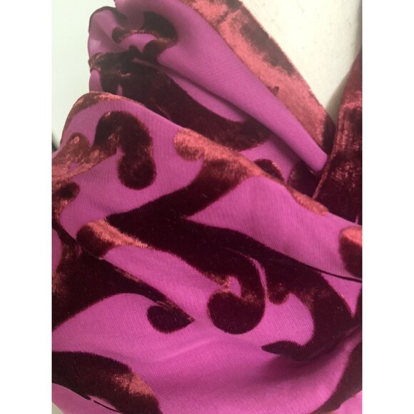 Vtg Anne Klein Sheer Nylon Velvet Plum Wine Scroll w Fringe Neck Scarf 7" x 64" - Picture 8 of 11